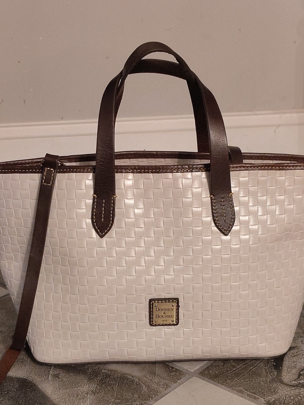 Dooney & Bourke White Woven Leather Tote with Brown Trim, Hardly Worn